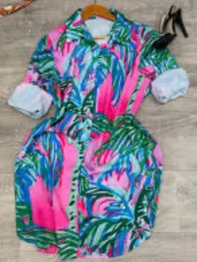 Bright Palm Print Shirt Dress in Pink & Green